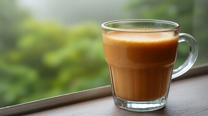 A glass mug of frothy brown beverage sits by a window with a blurred green natural background