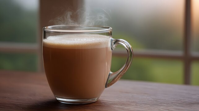 A transparent glass mug filled with a steaming hot beverage rests on a wooden table - Powered by Adobe