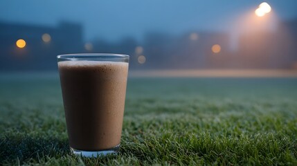 A glass of chocolate smoothie sits on frost covered grass at dawn with fog and blurred lights in the background