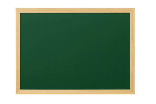 Empty green chalkboard with a light wooden frame. Isolated on transparent background, png