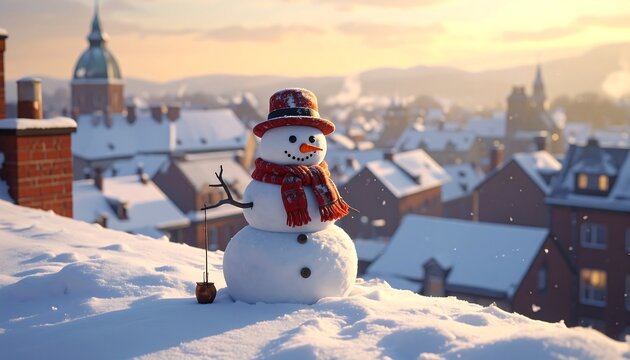 Charming Snowman with Winter hat standing proudly against a scenic winter cityscape