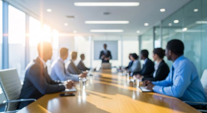 Business Presentation in Bright Conference Room with Executives Sitting at Table Listening to Speaker Discussing Financial Data  - Powered by Adobe