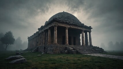 a large stone building sitting on top of a lush green field
