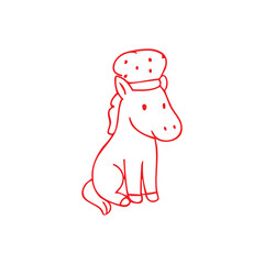 Simple red line drawing of a cow wearing a cheese hat