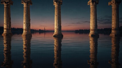 a group of pillars sitting in the middle of a body of water