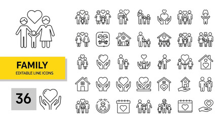 Family Line Icons Set Love, Care, Relationships - 36 Editable Designs for Web & Print