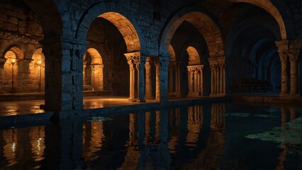 the water is reflecting the building ' s arches