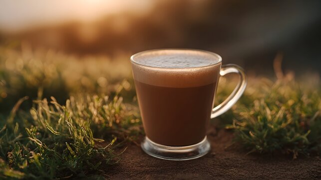 Close up of a warm frothy beverage in a clear glass mug set against a blurred natural backdrop during the golden hour