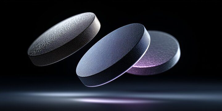 Three floating circular tablets with a smooth texture and subtle glow in a dark background showcasing modern design and technology