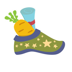 Winter Childrens green boot with carrot and letter for St Nicholas day inside, symbol of Sinterklaas. Sinterklaas cartoon hand drawn shoes with carrot and scroll. Saint Nicholas Day Dutch Holiday