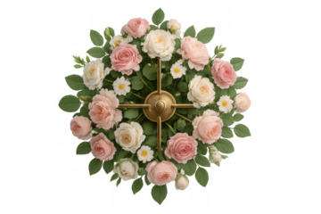Elegant floral arrangement featuring pink and white roses with daisies on a brass accent, transparent background