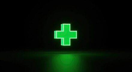 Obraz premium Green Plus Sign Symbol Glowing In The Dark with Reflection