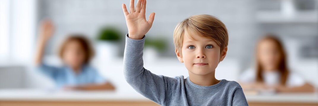 Young boy raising hand in classroom during lesson while classmates focus on teacher