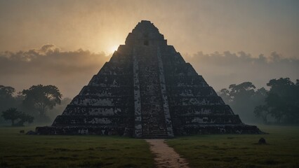 the sun is setting behind the pyramid