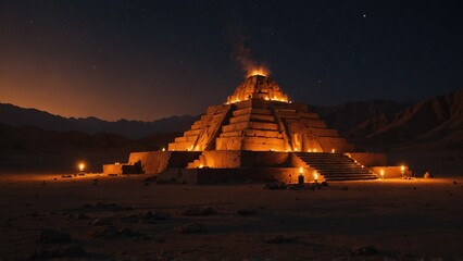 a pyramid lit up at night in the desert