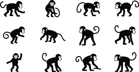 Monkey silhouette icon set, animal pose graphics, cartoon primate vector, black illustration pack, wildlife movement design, flat character collection