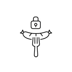 Sausage on fork and lock. Pixel perfect, editable stroke vector icon