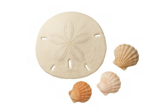 Sand dollar and scallop seashells on transparent background for beach, ocean, and summer concepts