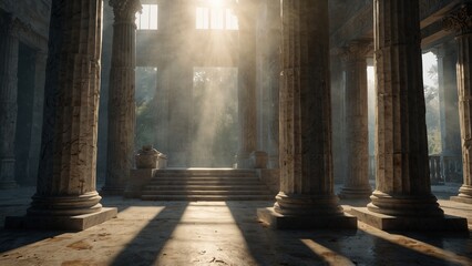 the sun shines through the columns of a building