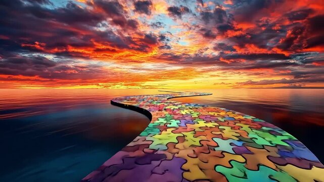 Puzzle path over water at sunset. Dreamy, surreal, and colorful concept.