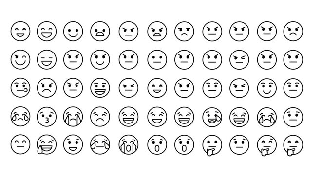 Comprehensive collection of simple line art emoji icons, displaying a wide range of human emotions and facial expressions for digital communication and modern UI design projects