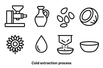 Cold Extraction Icons. Cold Extraction Process linear icon set. press machine, oil bottle, sesame seeds, coconut, sunflower, droplet, filter cloth, bowl