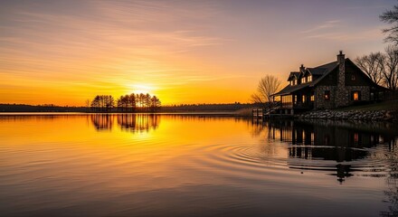 Fototapeta premium Serene Sunset Over Tranquil Lake Reflecting a Rustic Cabin Amidst Autumn Trees