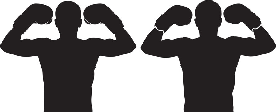 Two muscular men flexing biceps in silhouette posing together - Powered by Adobe