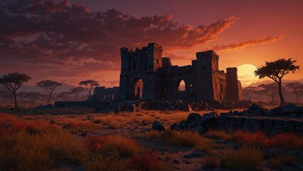 the sun is setting behind the ruins