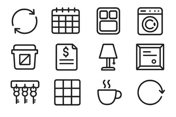 Domestic Task Icons. Domestic Flow Icons linear icon set: task rotation arrow, weekly planner, meal prep tray, laundry cycle, declutter bin, home budget sheet, calm corner lamp