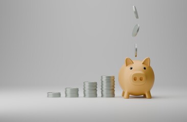 coin droping on piggy bank with silver coin stacking 3D render minimal gray  background for business concept financial, banking and investment with money growth success.