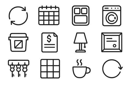 Domestic Task Icons. Domestic Flow Icons linear icon set: task rotation arrow, weekly planner, meal prep tray, laundry cycle, declutter bin, home budget sheet, calm corner lamp