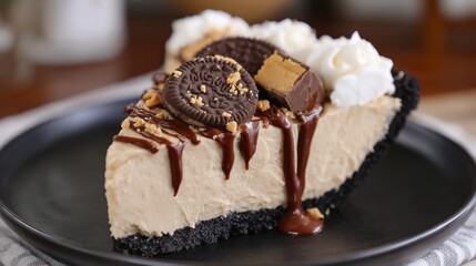 Delicious slice of peanut butter pie topped with cookies and chocolate sauce on a black plate