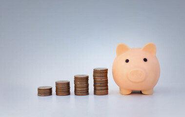 coin stack with piggy bank money saving concept. rows of coin on dark blue background. money matters tips to investment and business financial banking for Financial Wellness.money management.