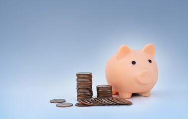 coin stack with piggy bank money saving concept. rows of coin on dark blue background. money matters tips to investment and business financial banking for Financial Wellness.money management.
