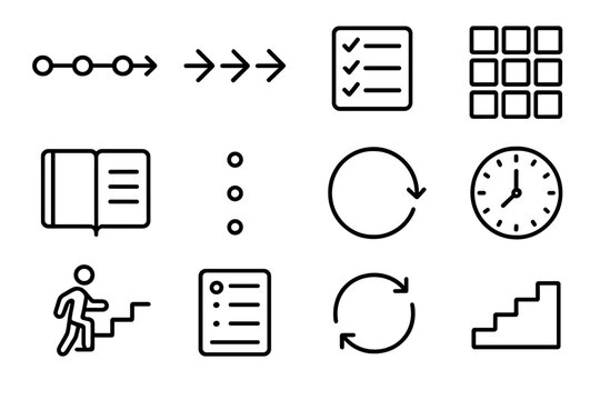 Organized Routine Icons. Structured Routine linear icon set: timeline bar, sequential arrows, task list, organized grid, planner book, routine dots, cycle icon, clock face, steady