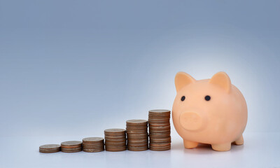 coin stack with piggy bank money saving concept. rows of coin on dark blue background. money matters tips to investment and business financial banking for Financial Wellness.money management.