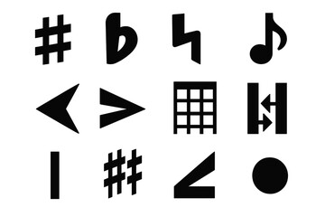 Bold Musical Icons. Music Symbol Collection silhouette icon set: sharp sign, flat sign, rest symbol, tempo mark, crescendo arrow, diminuendo line, chord grid, repeat sign, bar line