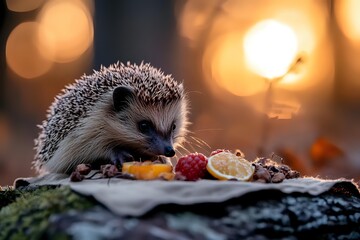Adorable hedgehog enjoying autumn feast of berries and fruits on forest floor with golden bokeh sunset background creating magical woodland atmosphere.