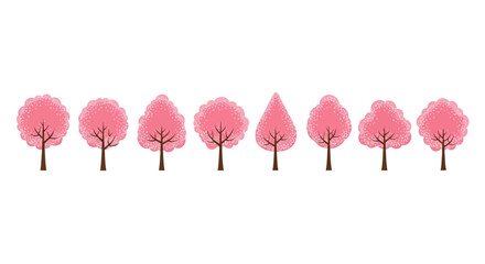 A charming collection of eight vibrant pink tree icons, featuring diverse canopy shapes in a clean, modern flat vector design, ideal for sleek digital graphic projects and springtime themes
