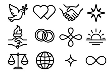 Symbols of Unity. Peace & Togetherness linear icon set. dove with branch, joined hearts, clasped hands, shining star, shared torch, intertwined rings, unity knot, horizon sun