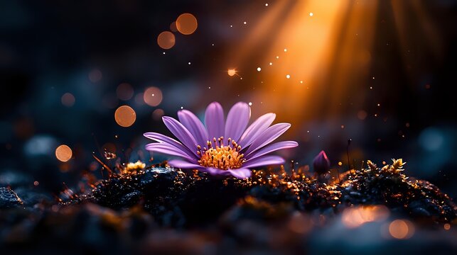 Purple daisy flower blooming in soil under magical golden light rays with bokeh effect, creating dreamy atmospheric nature scene.