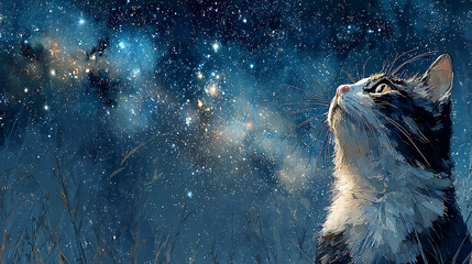 Tabby cat gazes at luminous galaxy and starry night sky gazing looking up