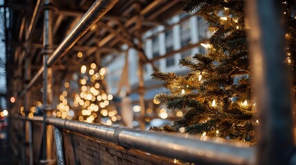Illuminated Christmas tree with warm lights visible through construction scaffolding, creating festive atmosphere in urban setting.