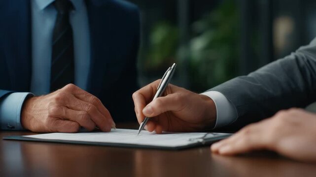 Hands clasping hands over a table, signing contracts during business meeting.