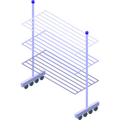 Isometric illustration of a blue clothes drying rack with multiple shelves and wheels on a transparent background