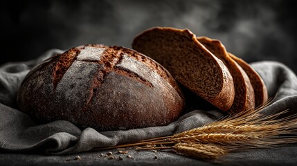 Moody, close-up composition of a fresh, dark-crusted artisan bread loaf and sliced bread on a linen cloth with wheat.