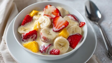 Delicious fruit salad with bananas, strawberries, and mango in a bowl ready to enjoy during breakfast or dessert
