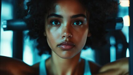 A young woman with a determined expression at the gym, wearing athletic clothing and in front of fitness equipment.