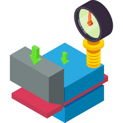 Isometric illustration of a blue pressing machine with a pressure gauge and green arrows indicating downward force on a transparent background